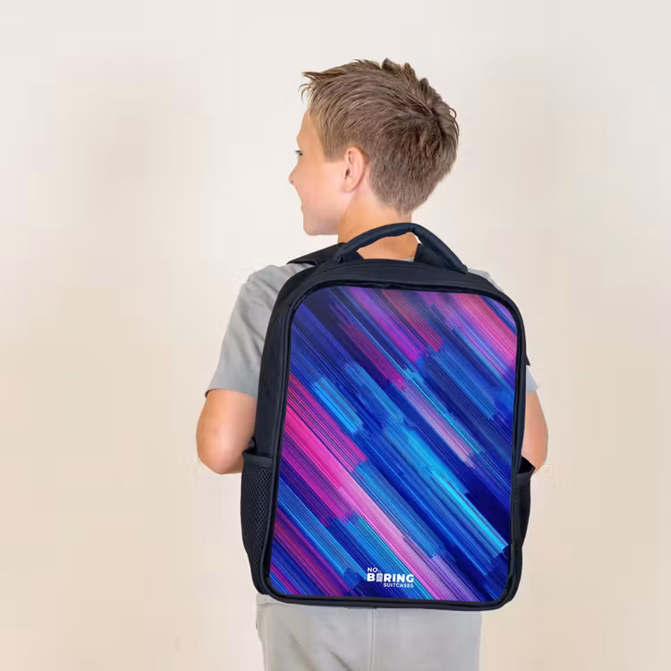 Kids backpack - Black - Neon - Stripes - Abstract - Blue - Pink — 2