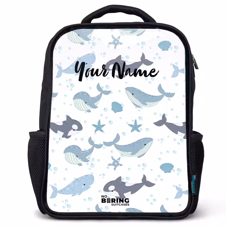 Kids backpack - Black - Whale pattern with shells blue — 1