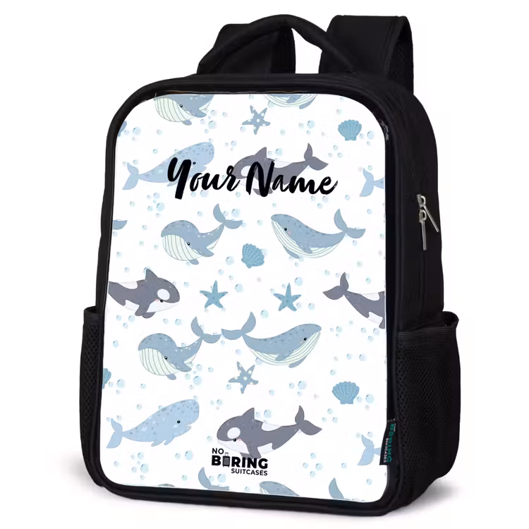 Kids backpack - Black - Whale pattern with shells blue — 4