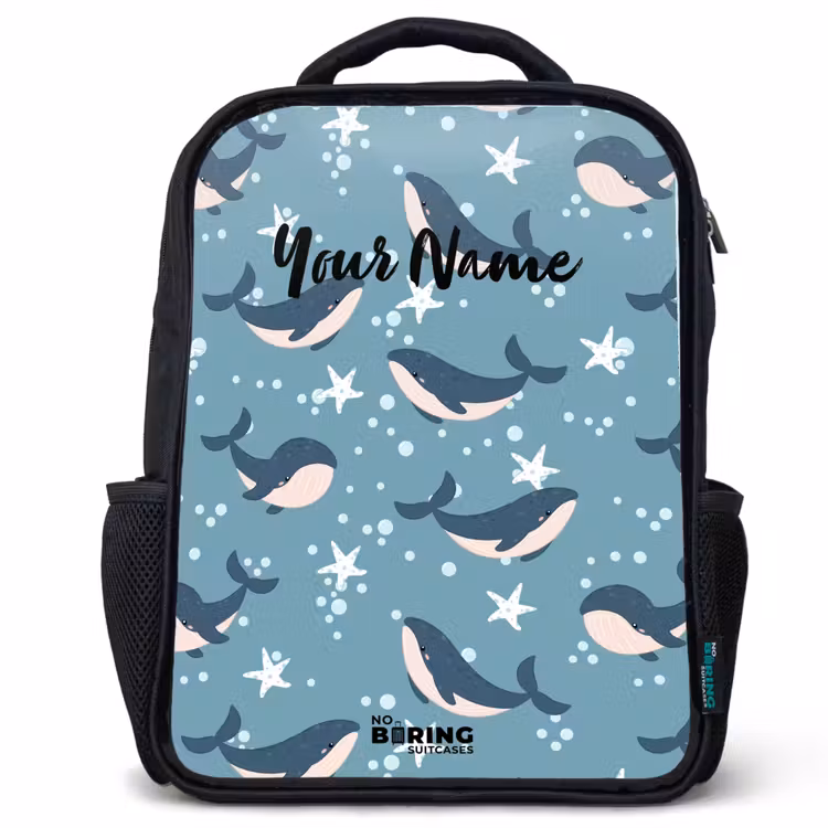 Kids backpack - Black - Whales with starfish pattern blue — 1