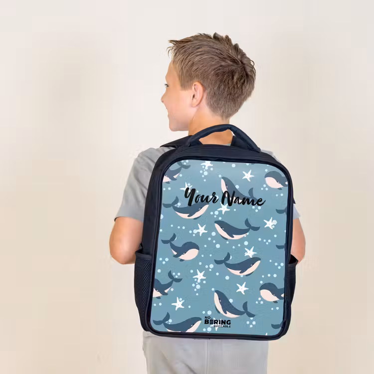 Kids backpack - Black - Whales with starfish pattern blue — 2