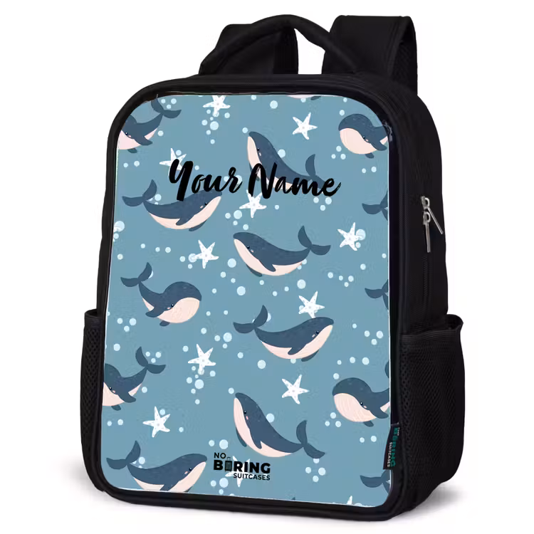 Kids backpack - Black - Whales with starfish pattern blue — 4