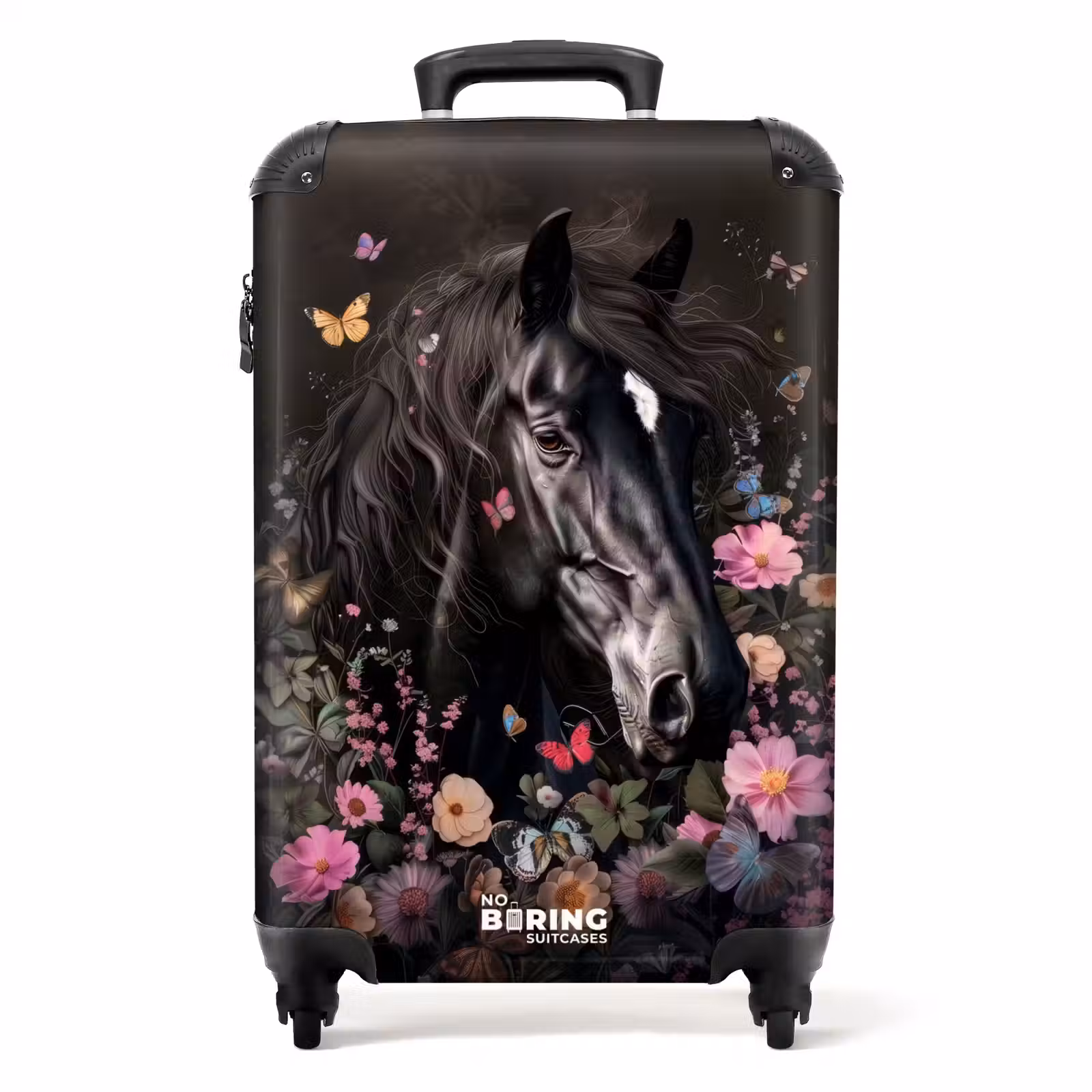 Suitcase - Black horse with white blaze and colorful flowers — 1