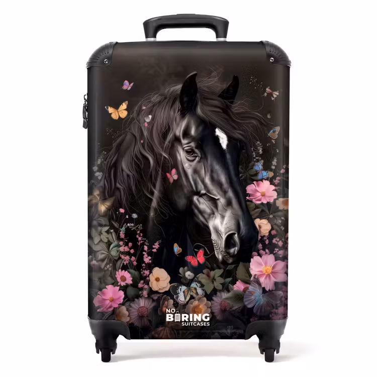 Suitcase - Black horse with white blaze and colorful flowers — 1
