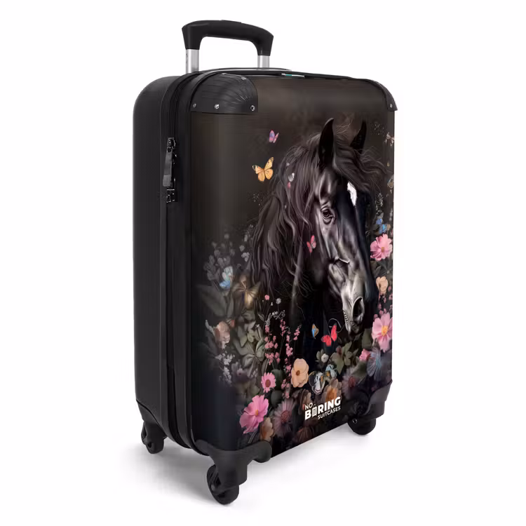 Suitcase - Black horse with white blaze and colorful flowers — 4