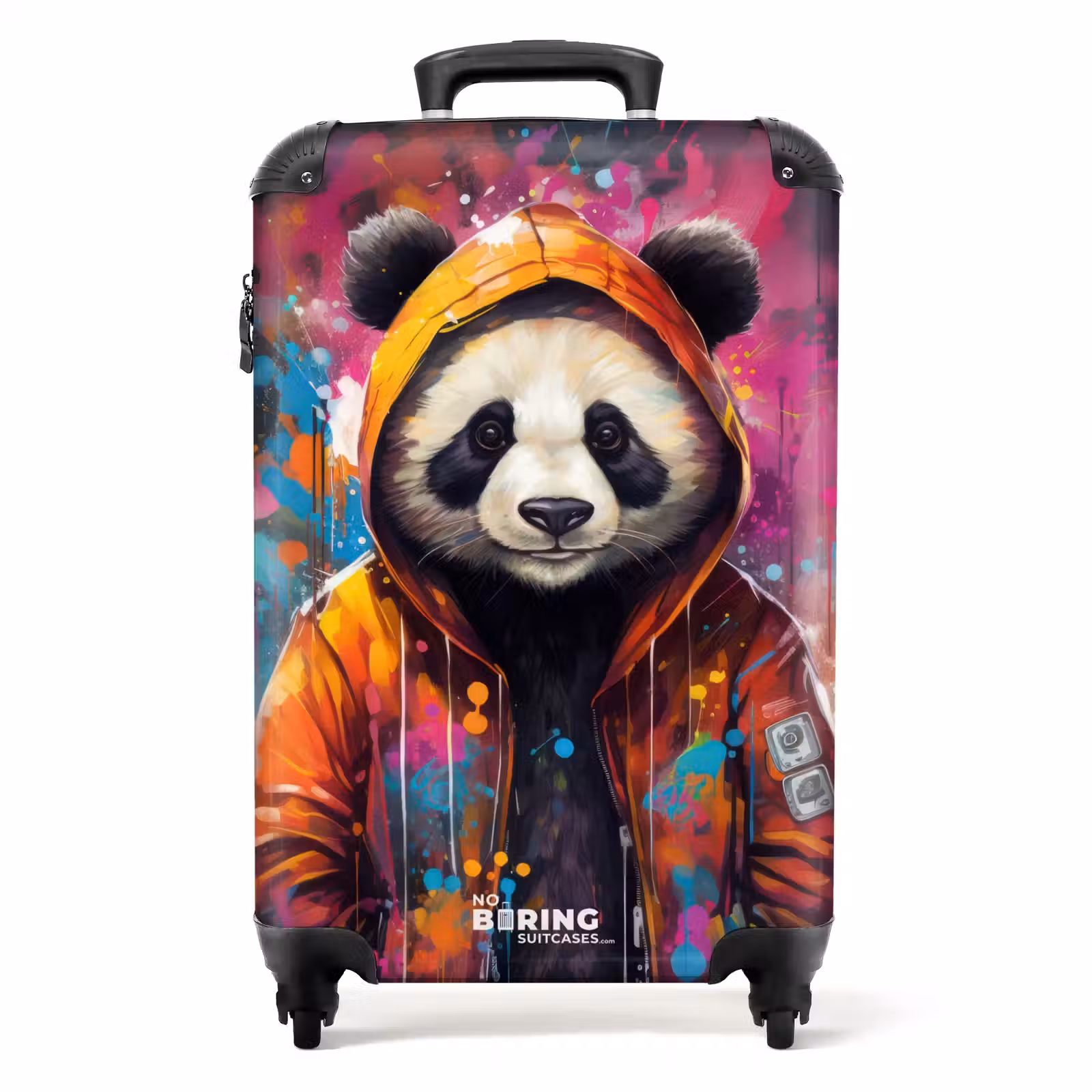 Suitcase - Panda with orange coat and paint splatter — 1
