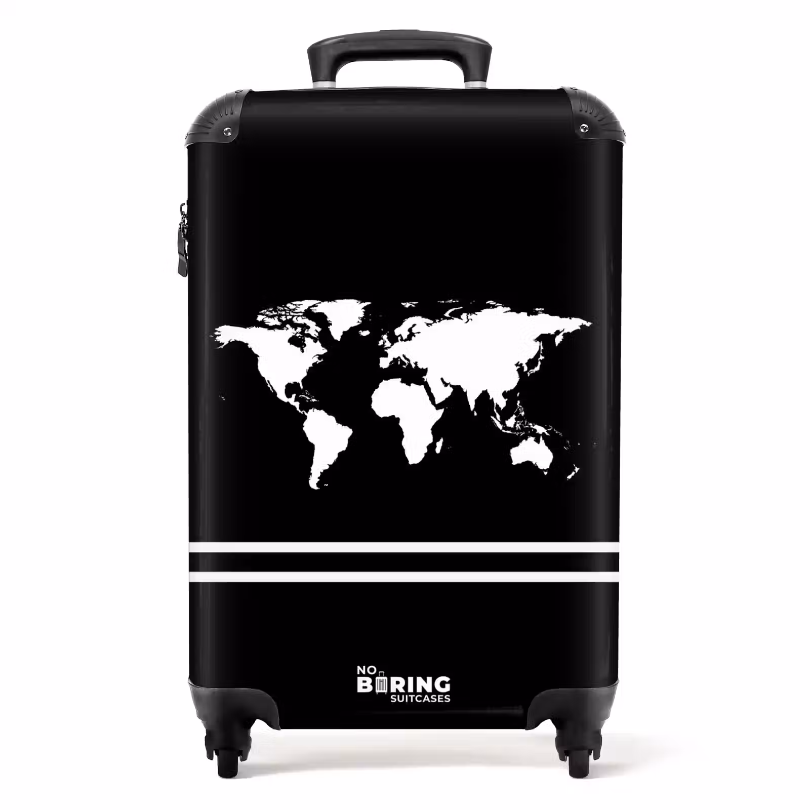 Suitcase - Black background with white world map and double stripe at bottom — 1