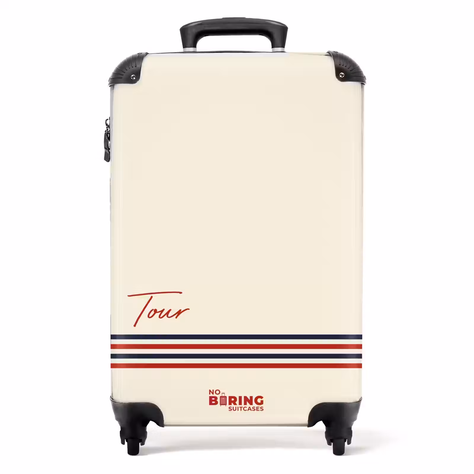 Suitcase - Cream background with red text and tri-color stripe at bottom — 1