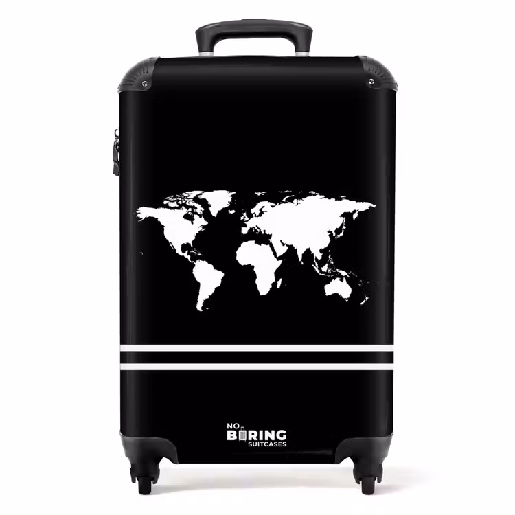 Suitcase - Black background with white world map and double stripe at bottom — 1
