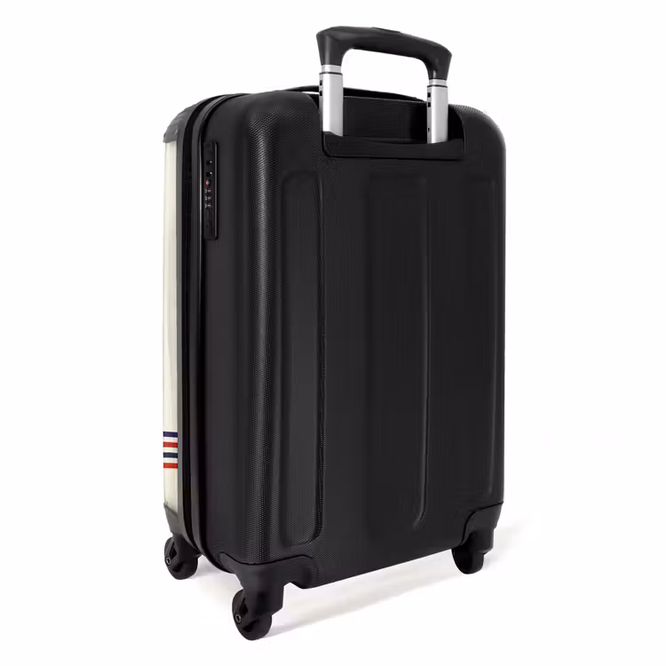 Suitcase - Cream background with red text and tri-color stripe at bottom — 2