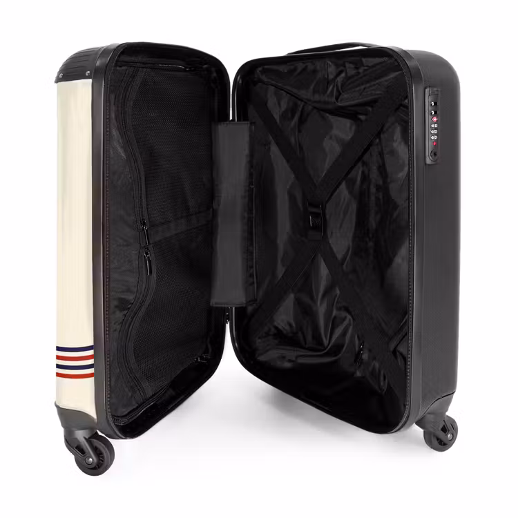 Suitcase - Cream background with red text and tri-color stripe at bottom — 3