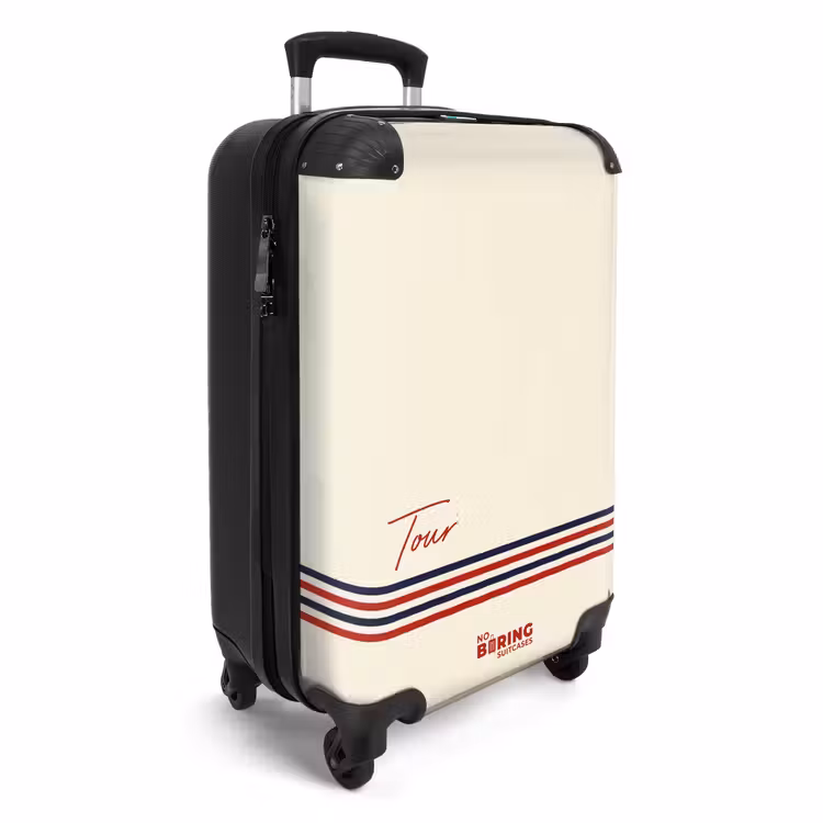 Suitcase - Cream background with red text and tri-color stripe at bottom — 4