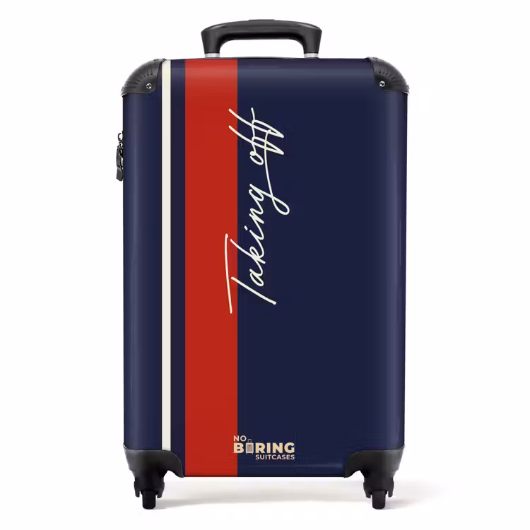 Suitcase - Dark blue background with red and white stripe and text Taking Off — 1