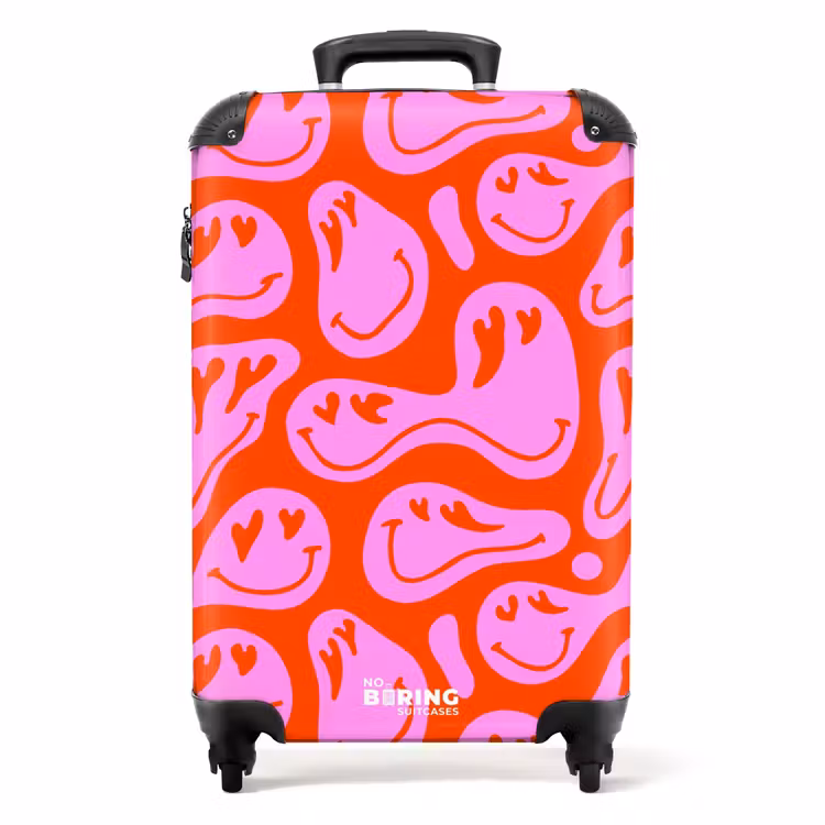 Suitcase - Abstract smiley face figures with heart eyes on red and pink — 1