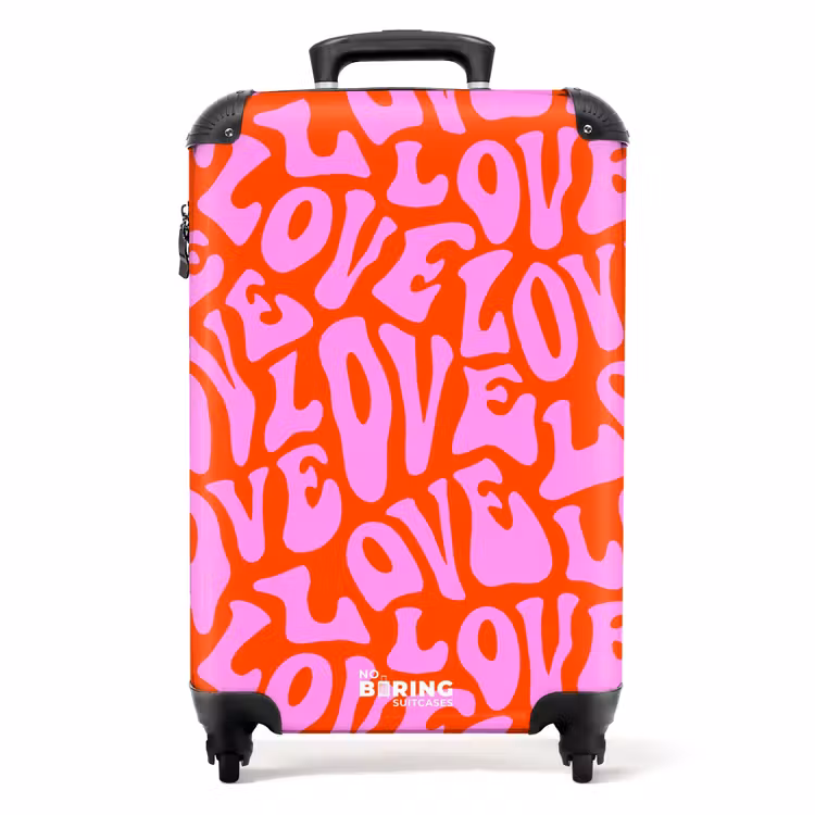 Suitcase - Repeating 'LOVE' pattern in pink on red — 1