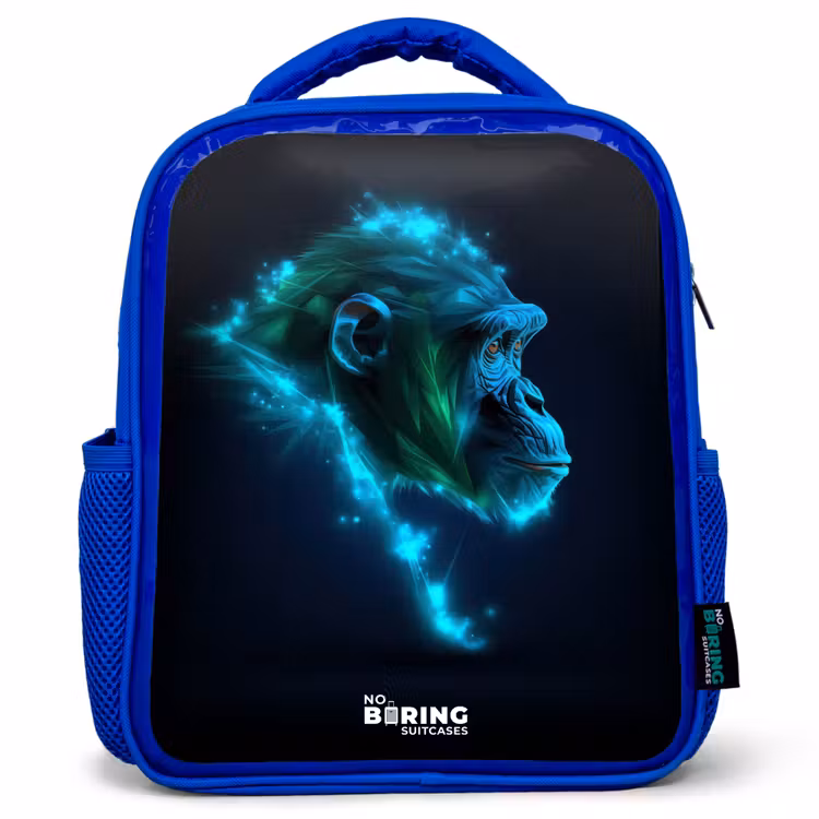 Kids backpack - Blue - Neon silhouette of a chimpanzee — 1