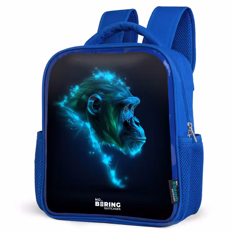 Kids backpack - Blue - Neon silhouette of a chimpanzee — 3