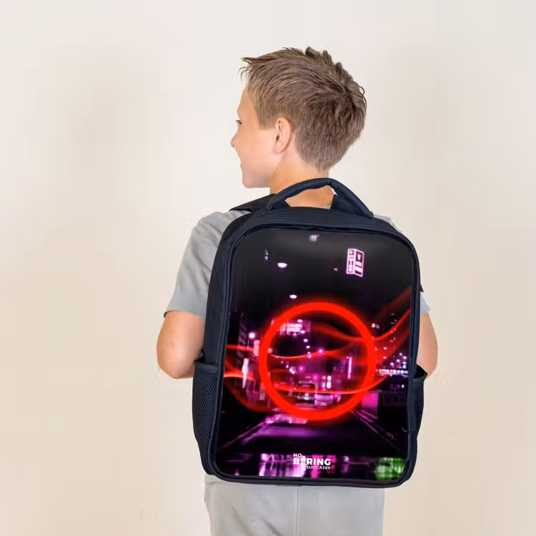 Kids backpack - Bright red circle over a neon-lit city — 2