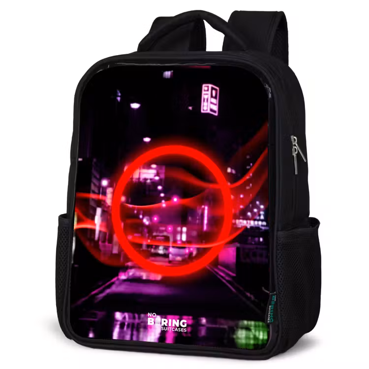 Kids backpack - Bright red circle over a neon-lit city — 4