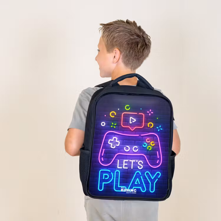 Kids backpack - Neon controller against a brick wall — 2