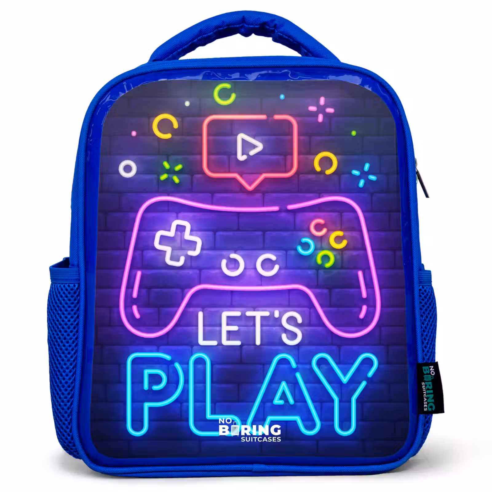 Kids backpack - Blue - Neon controller against a brick wall — 1