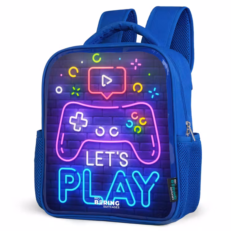 Kids backpack - Blue - Neon controller against a brick wall — 3