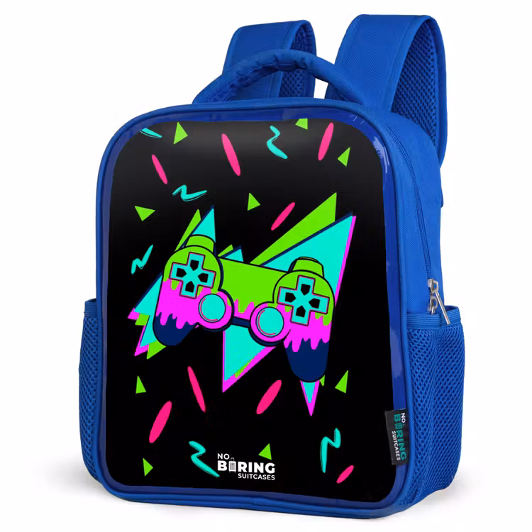 Kids backpack - Blue - Neon controller on black — 3