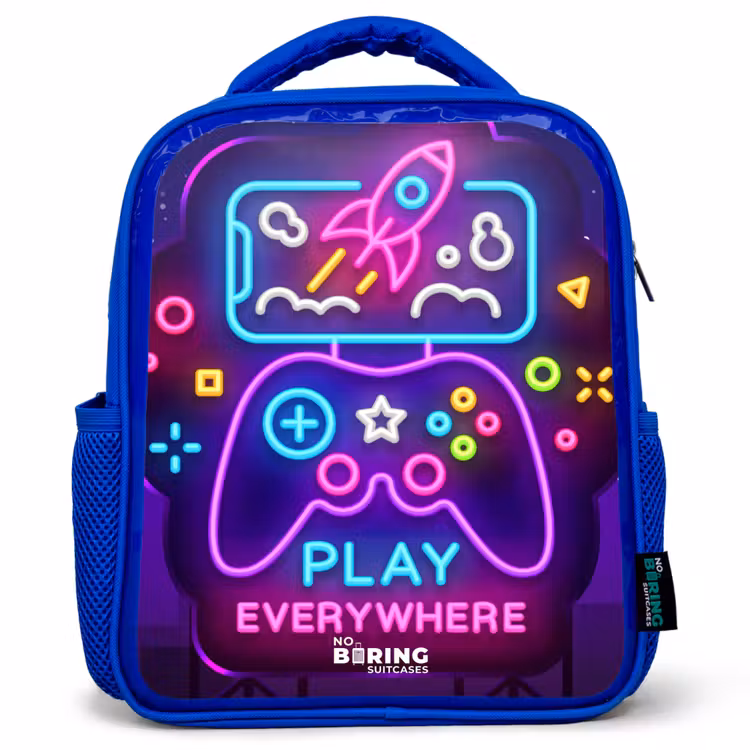 Kids backpack - Blue - Neon illustration with a controller — 1
