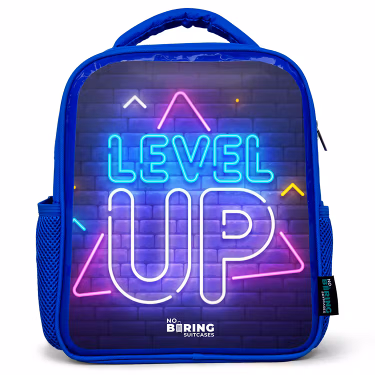 Kids backpack - Blue - Neon letters on a brick wall — 1