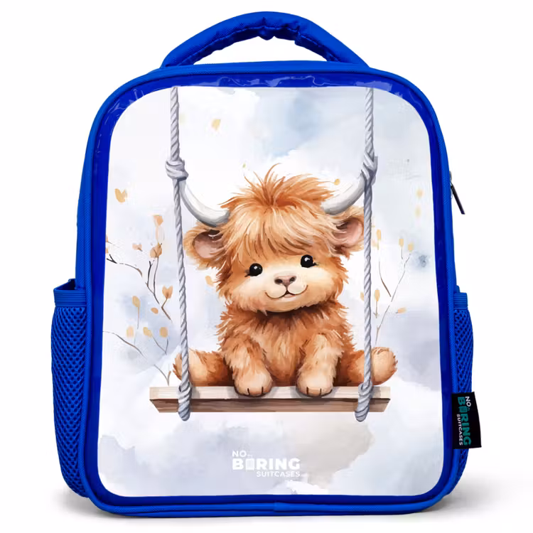 Kids backpack - Blue - Rocking Scottish highlander watercolor calf — 1