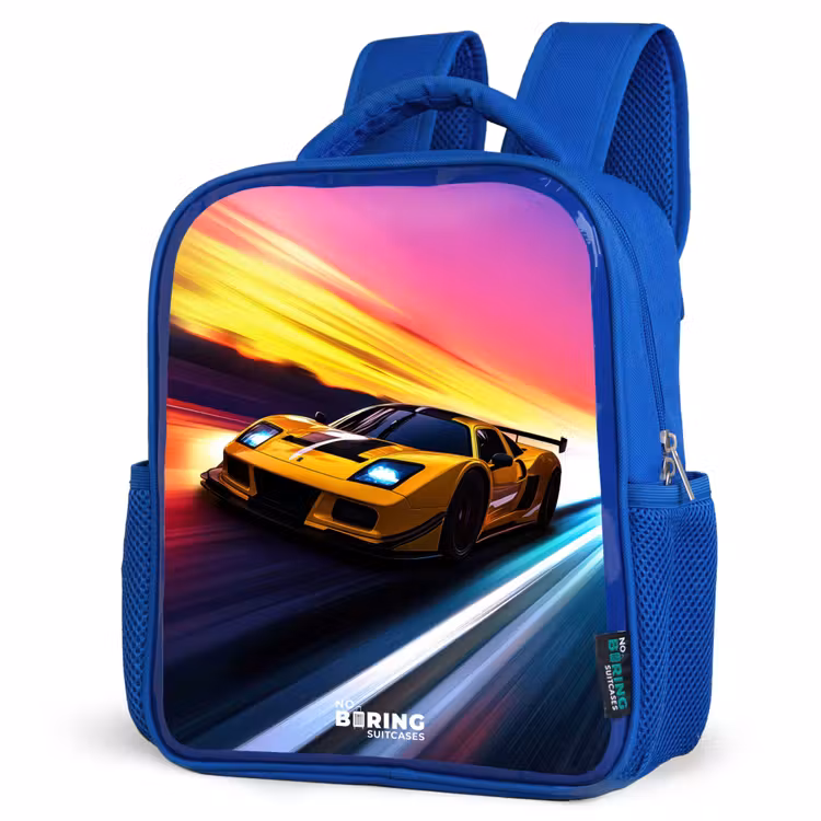 Kids backpack - Blue - Yellow race car at colorful sunset — 3