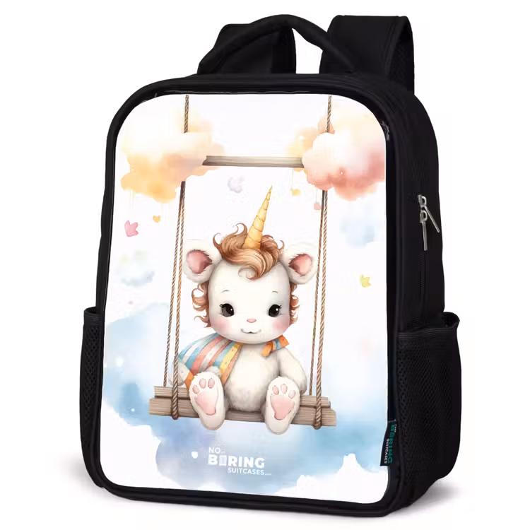 Kids backpack - White baby unicorn on a swing in the clouds — 4