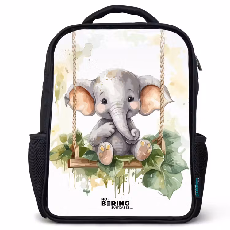 Kids backpack - Young elephant on a swing watercolor drawing — 1