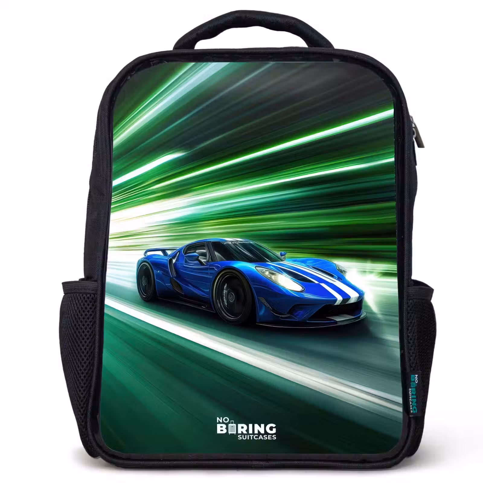 Kids backpack - Blue race car with stripes in green tunnel — 1