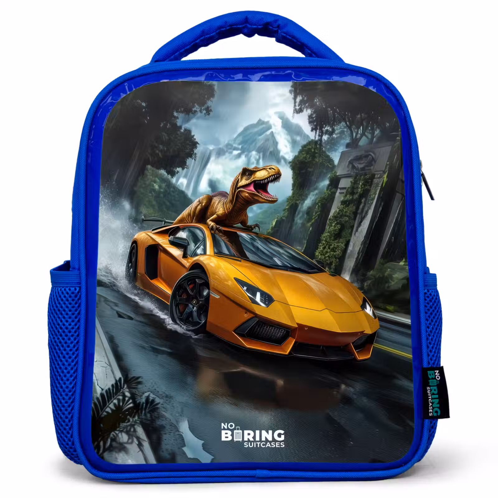Kids backpack - Blue - T-Rex on orange sports car in rainy forest — 1