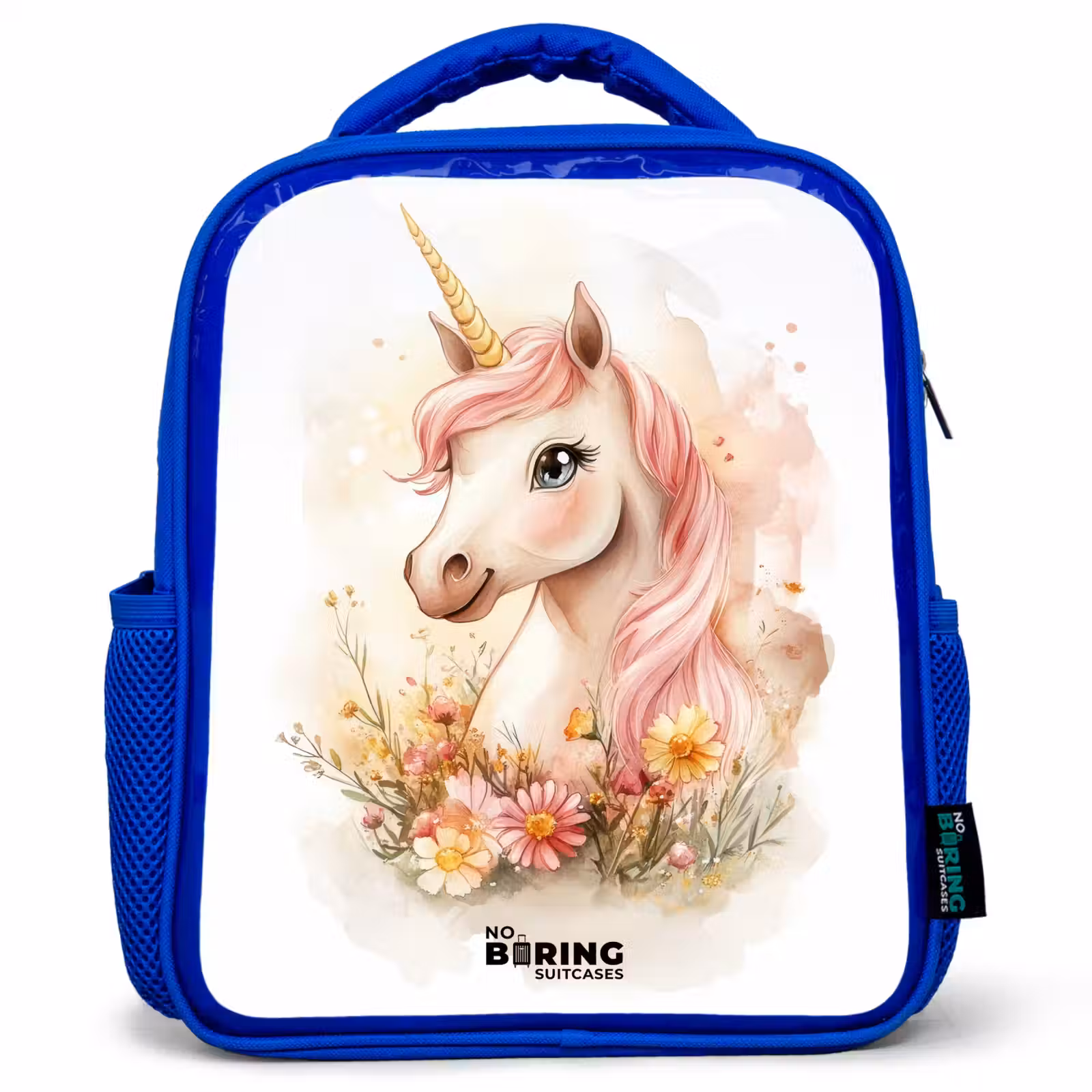 Kids backpack - Blue - Unicorn with pink mane among pastel flowers — 1