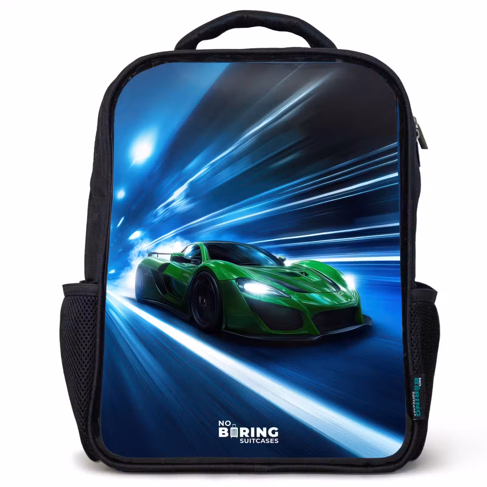 Kids backpack - Green supercar flashes through neon lights — 1