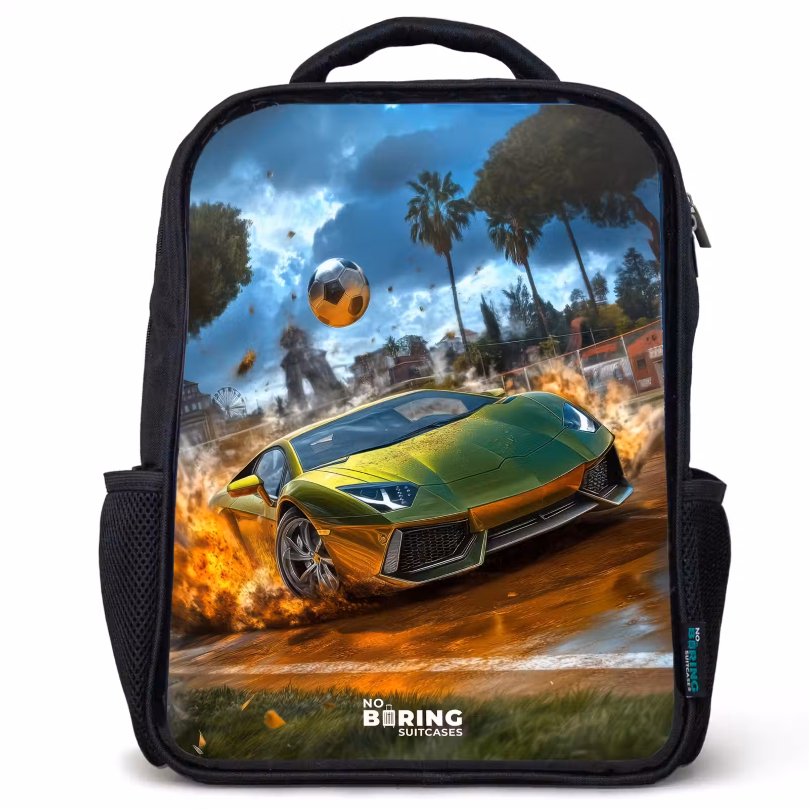 Kids backpack - Sports car crashes through soccer field with ball — 1