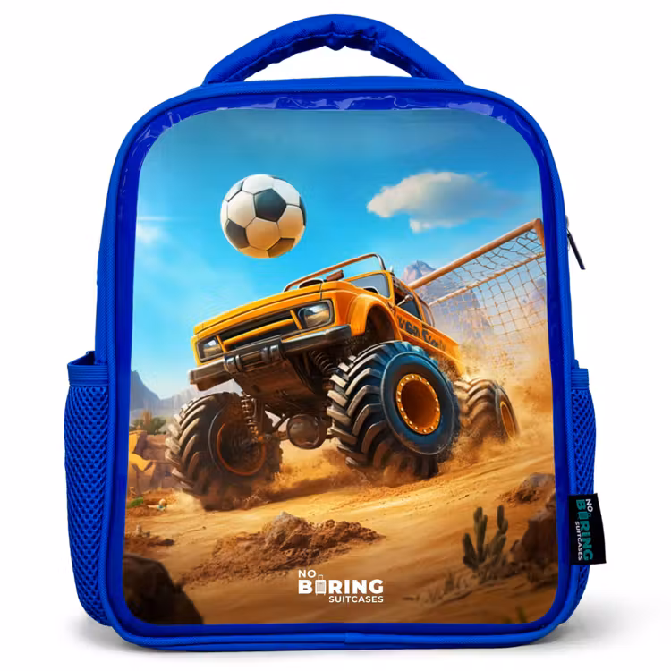 Kids backpack - Blue - Monster truck scores goal in desert stadium — 1