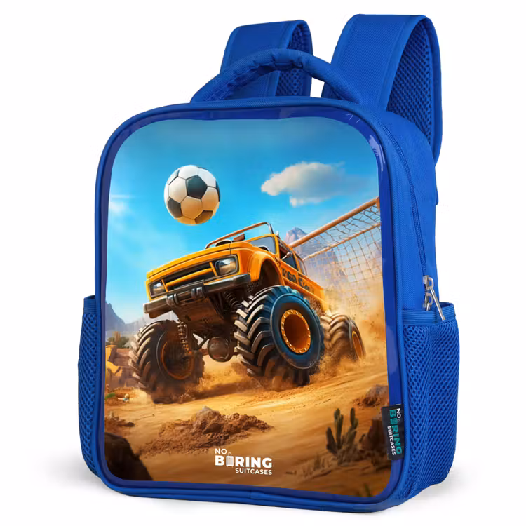 Kids backpack - Blue - Monster truck scores goal in desert stadium — 3