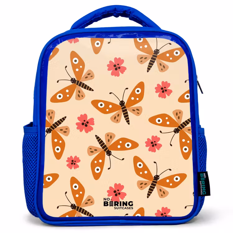 Kids backpack - Blue - Orange butterflies and pink flowers on beige background — 1