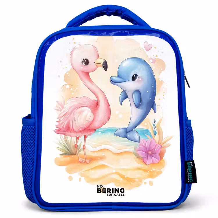 Kids backpack - Blue - Pink flamingo and blue dolphin on a beach — 1