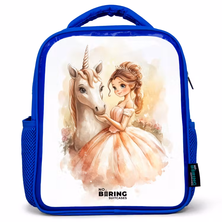 Kids backpack - Blue - Princess in dress with white unicorn — 1