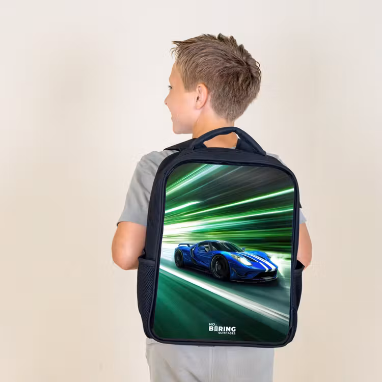 Kids backpack - Blue race car with stripes in green tunnel — 2