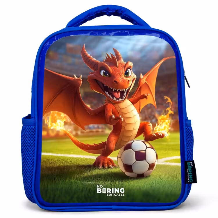 Kids backpack - Blue - Red dragon plays soccer in sunny stadium — 1