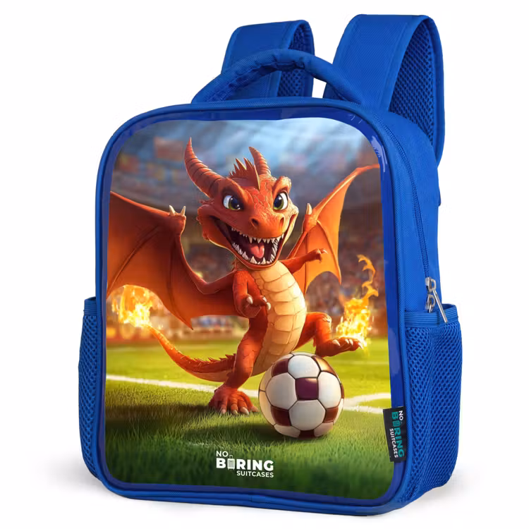 Kids backpack - Blue - Red dragon plays soccer in sunny stadium — 3