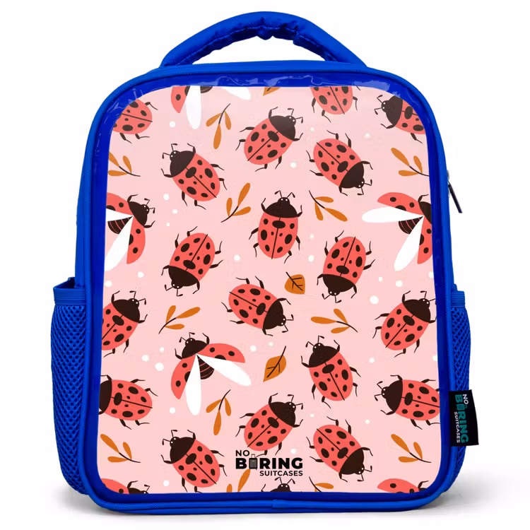 Kids backpack - Blue - Red ladybugs on pink background — 1