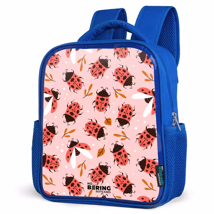 Kids backpack - Blue - Red ladybugs on pink background — 3