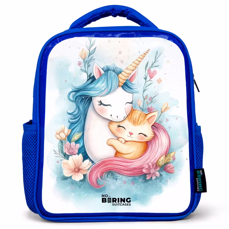 Kids backpack - Blue - Unicorn with blue mane and orange kitten — 1
