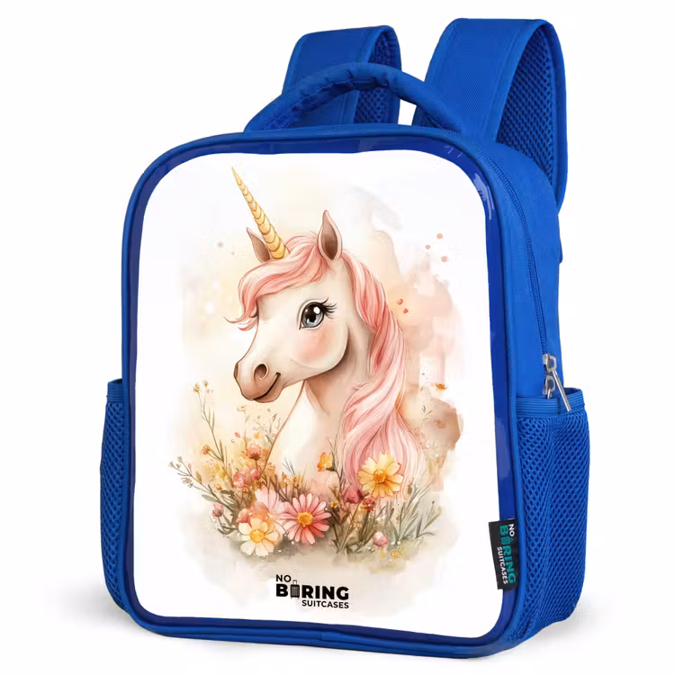 Kids backpack - Blue - Unicorn with pink mane among pastel flowers — 3